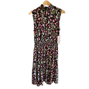 NEW! Nanette Lepore Women 10 Black Multi Floral Smocked Mock Neck Midi Dress NWT